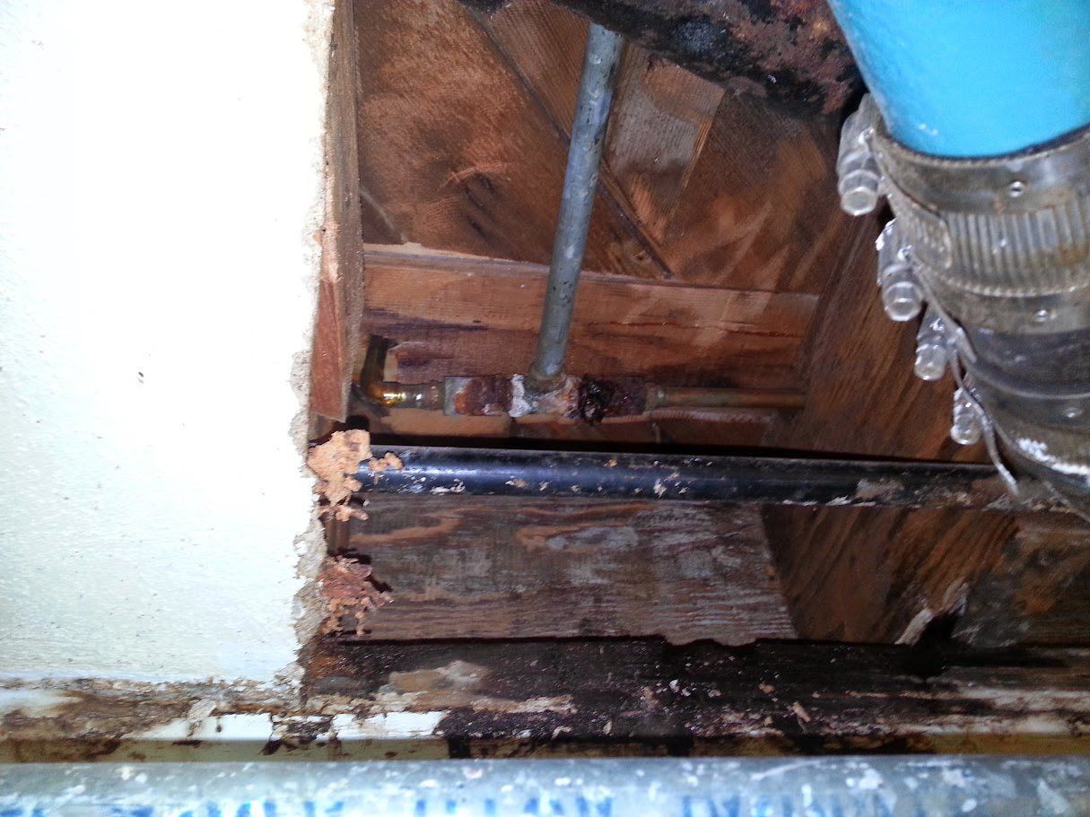 A blue pipe is coming out of a hole in a wall.