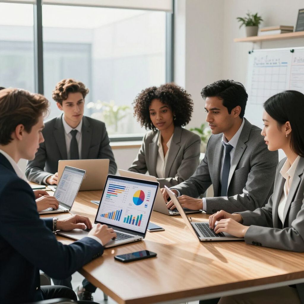Business team in suits collaborating around a table, looking at laptops displaying charts and data.