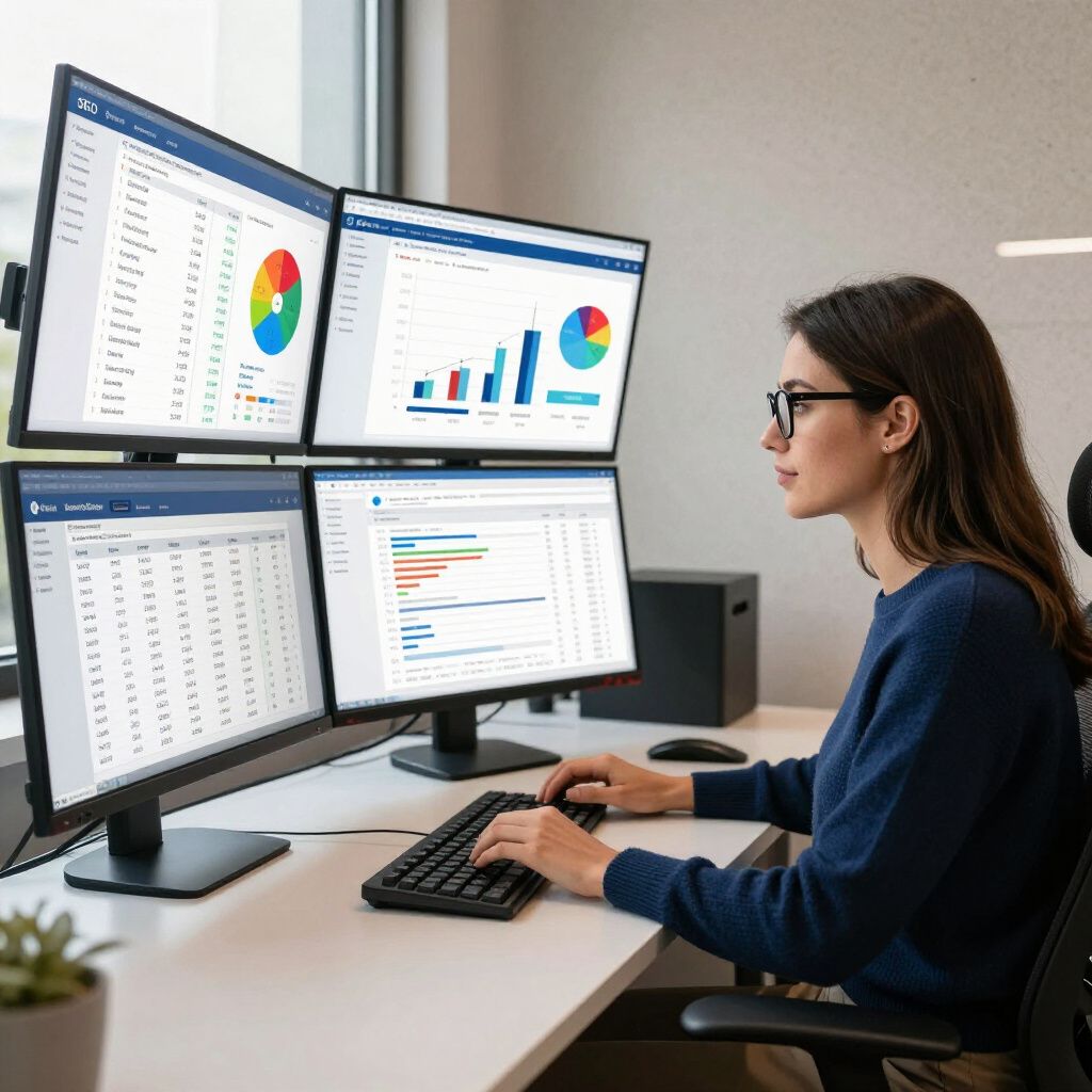 Woman with glasses working at a desk with four computer monitors displaying data charts and spreadsheets.