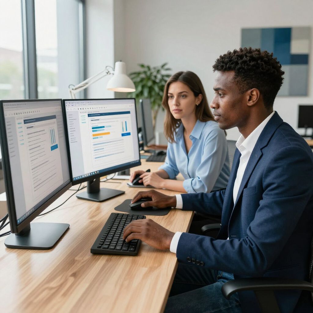 Two people working at computers in an office setting.