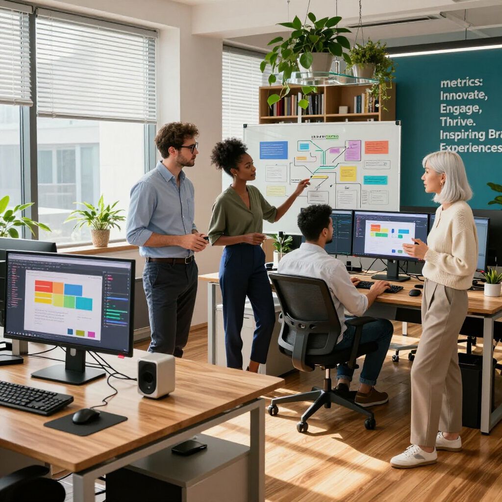 Office team collaborating, pointing at whiteboard and computer screens with data charts.