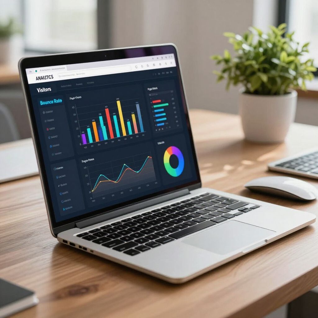 Laptop displaying colorful data charts and graphs on a wooden desk, near a mouse and plant.