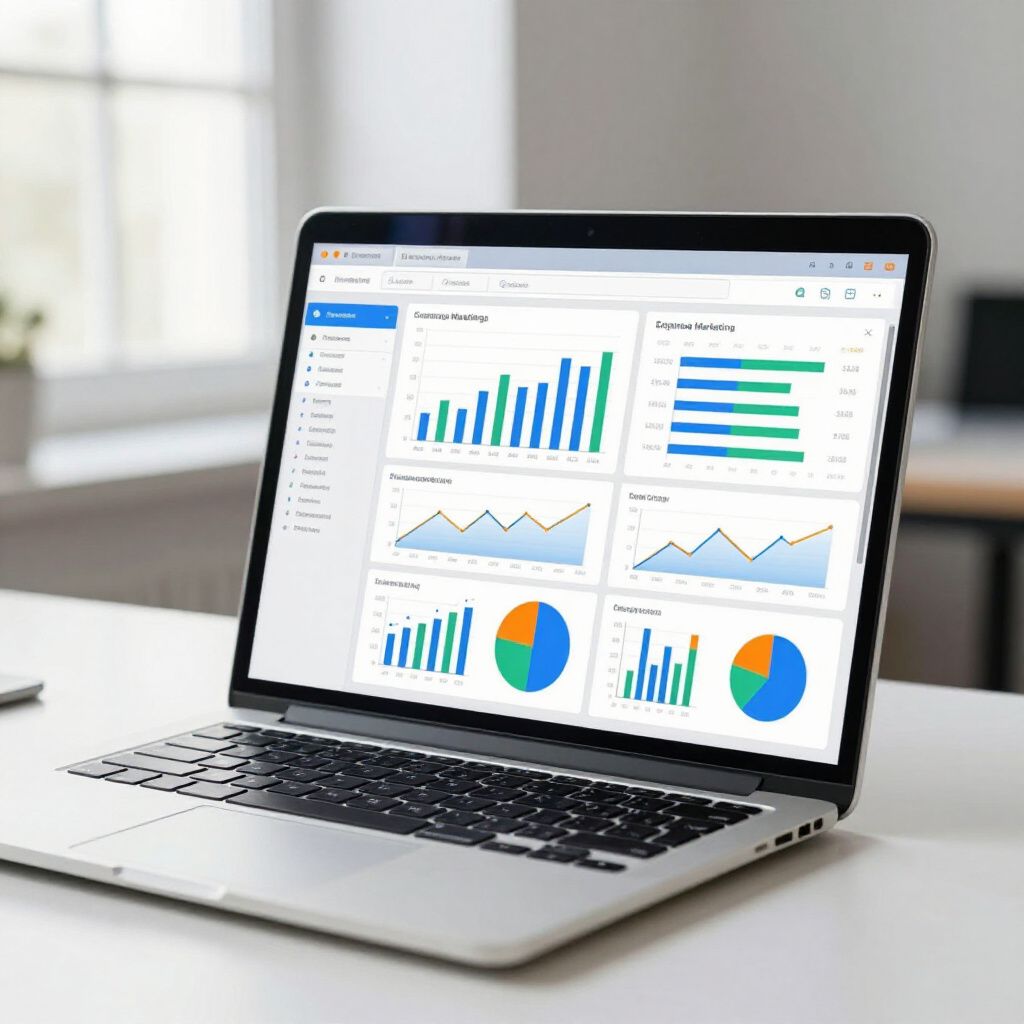 Laptop displaying business data charts and graphs.