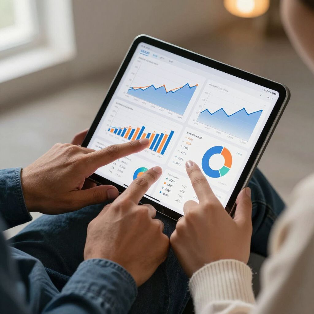 Two people looking at data charts on a tablet, pointing with their fingers.