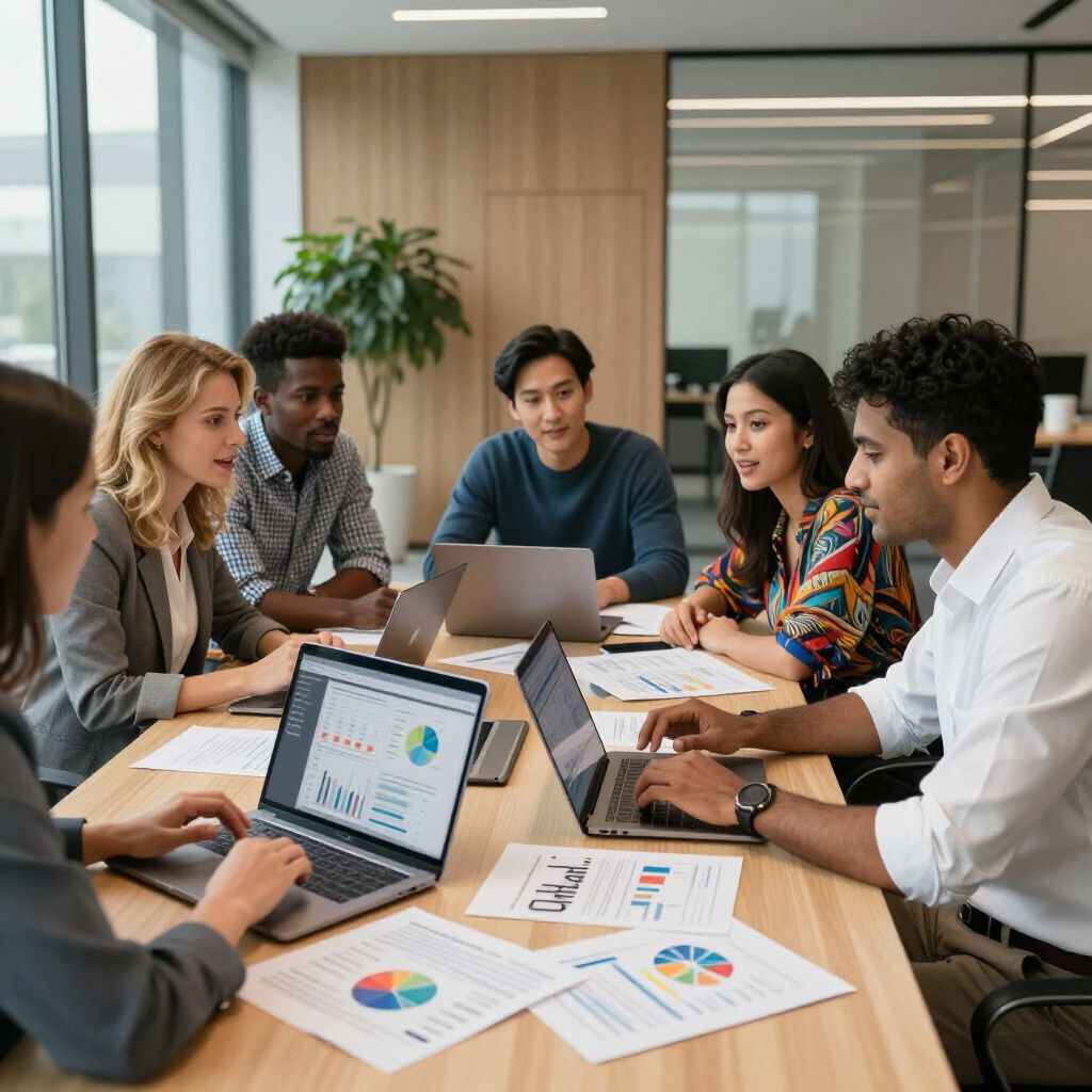 People at a conference table with laptops and papers, discussing data in a bright office.