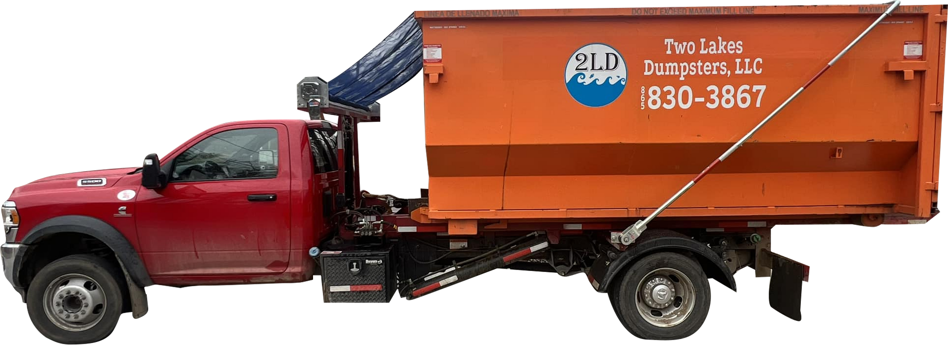 Red truck with orange dumpster. Truck bed has lifting mechanism. Company logo on container.