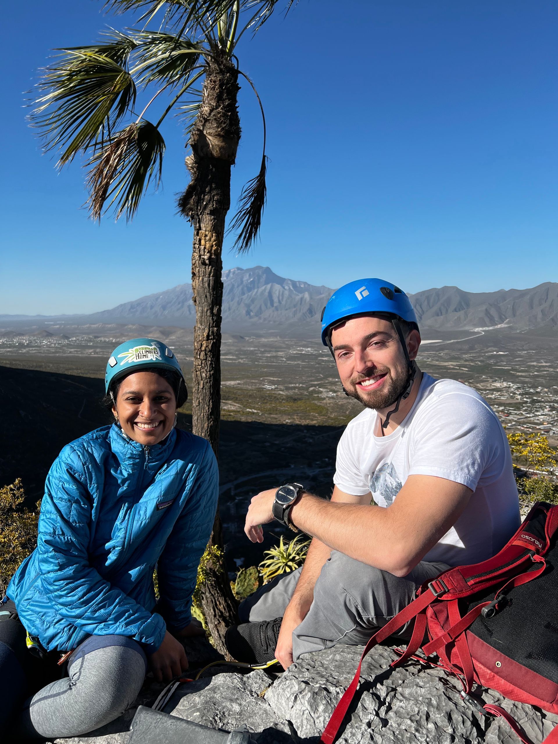 A man and a woman are posing for a picture on top of a mountain.