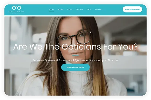 A woman wearing glasses is on the homepage of a website.