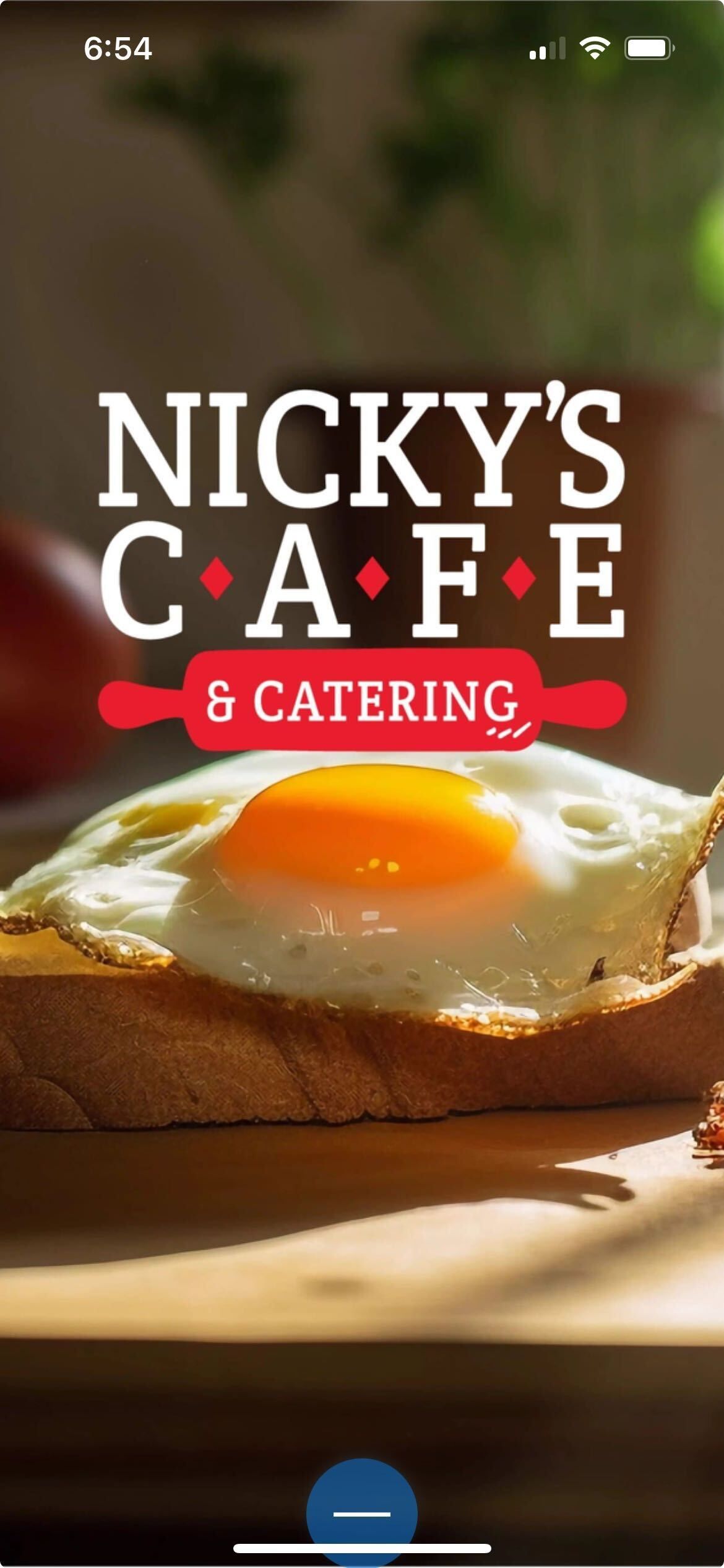 A phone screen shows the nicky 's cafe and catering app