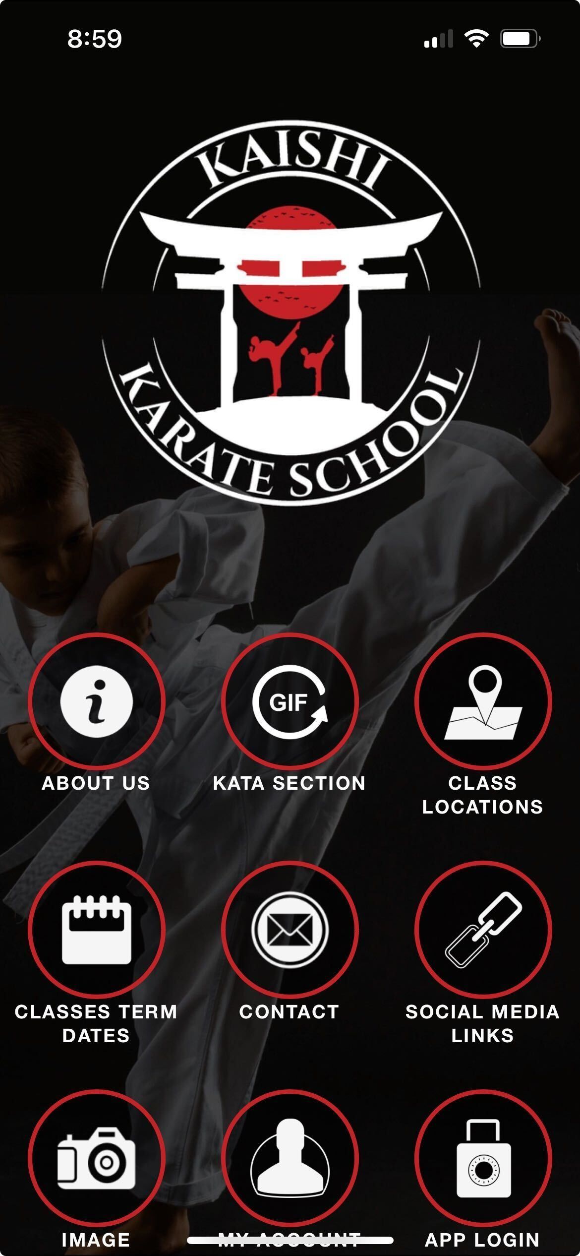 A screenshot of a karate school app on a cell phone.
