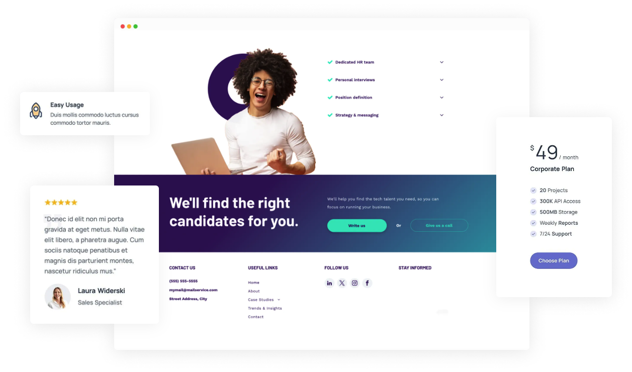 components of a good website design  in different popouts around a main webpage