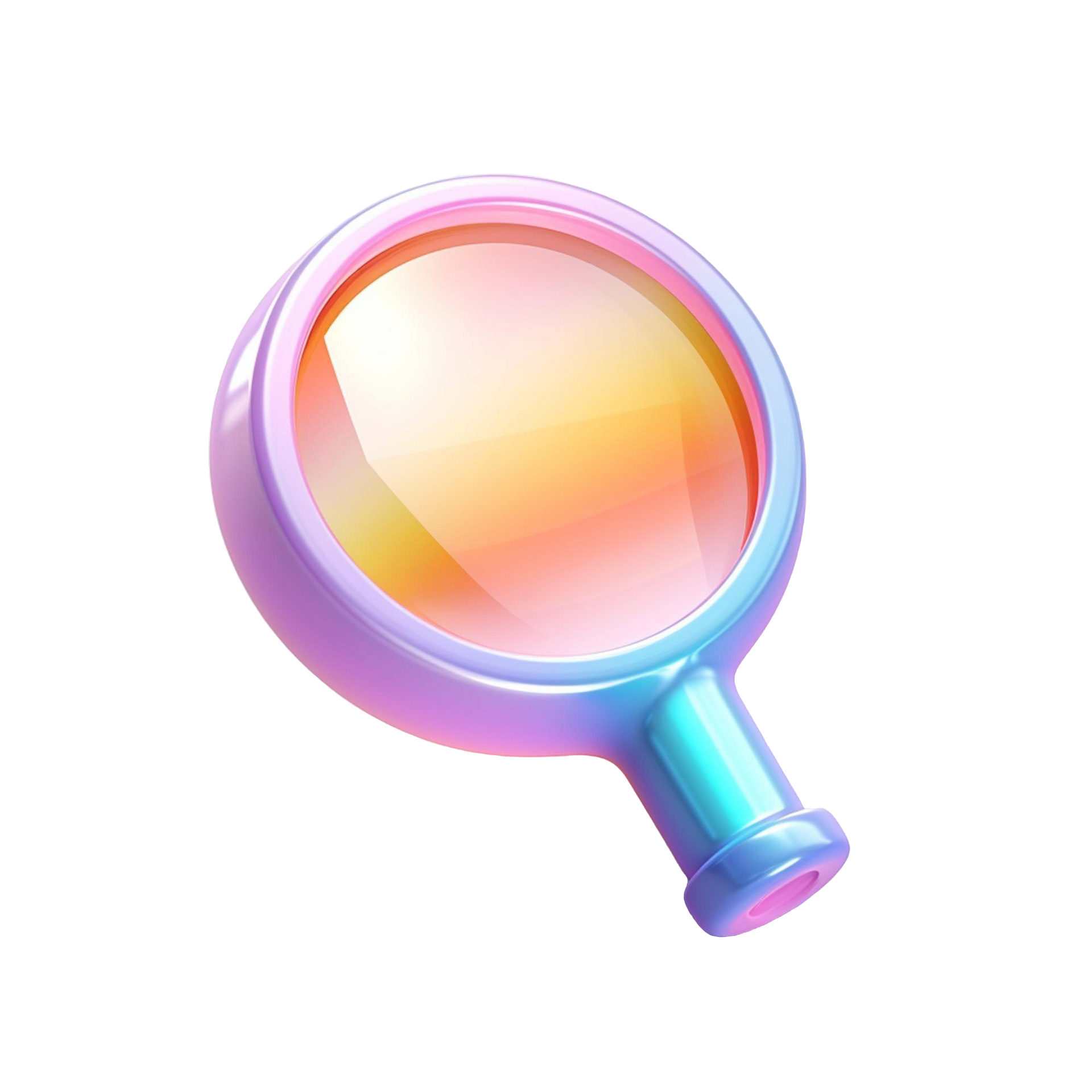 A magnifying glass with a rainbow colored lens on a white background.