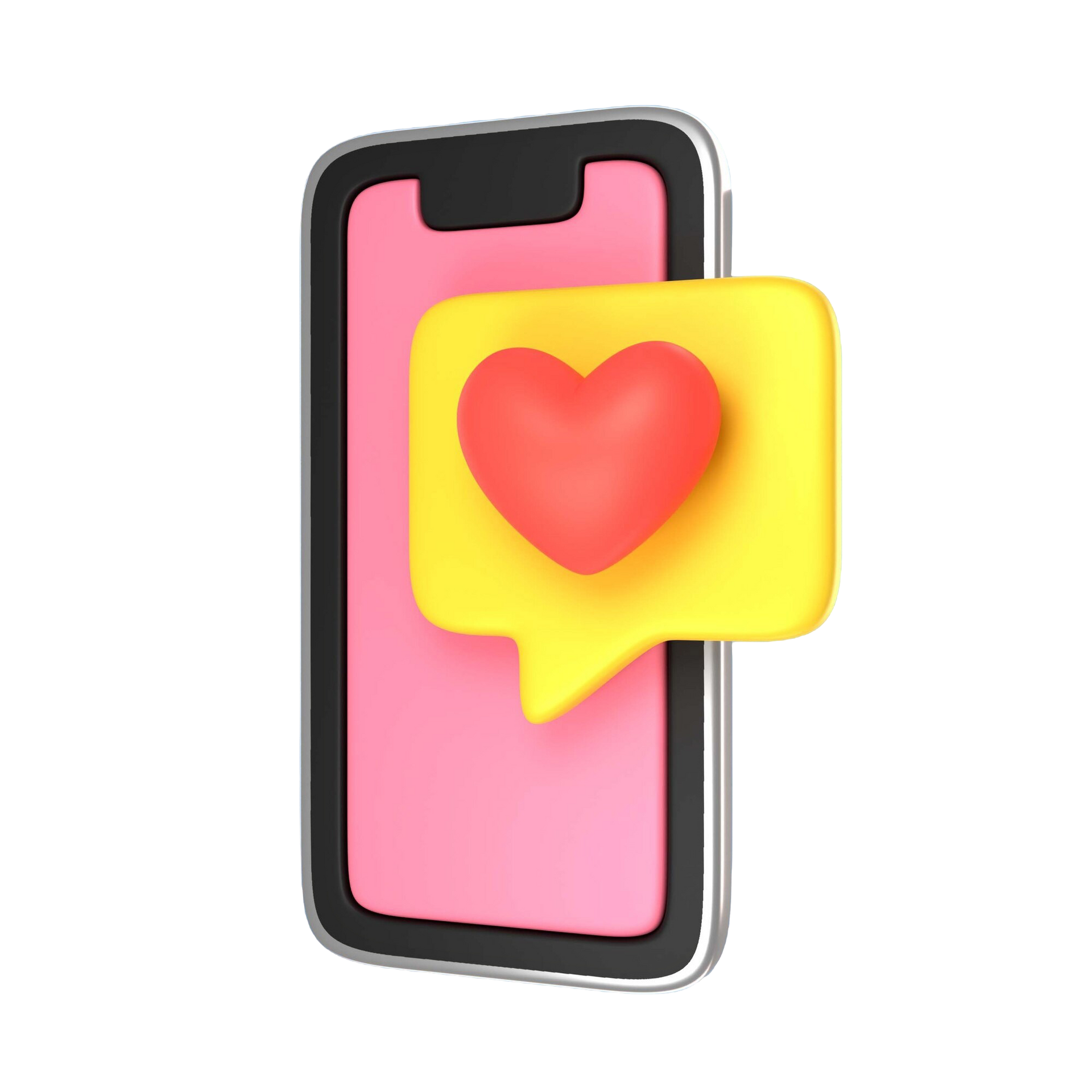 A pink cell phone with a yellow speech bubble with a heart on it.