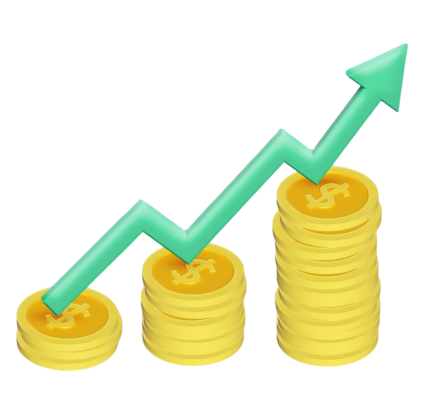 A stack of gold coins with an arrow pointing up