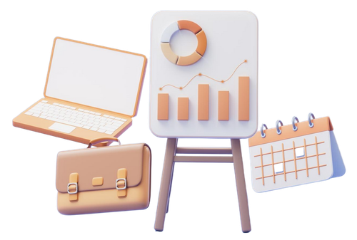 A laptop , briefcase , calendar and a whiteboard with a graph on it.