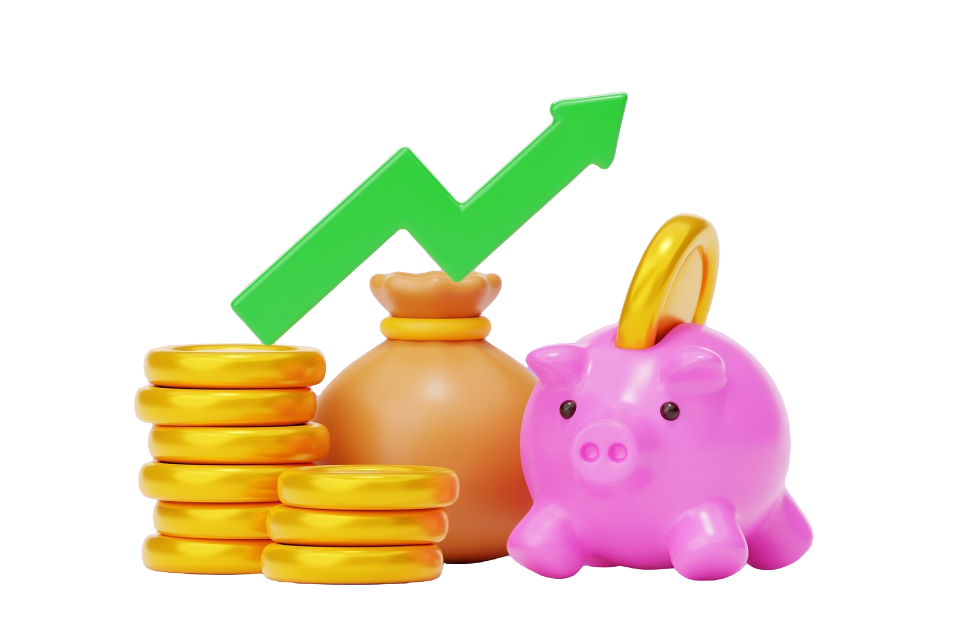A pink piggy bank , stacks of gold coins , a bag of money and a green arrow.
