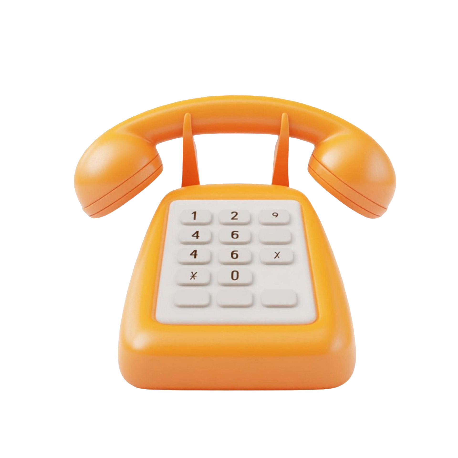 An orange telephone with a white keypad on a white background.