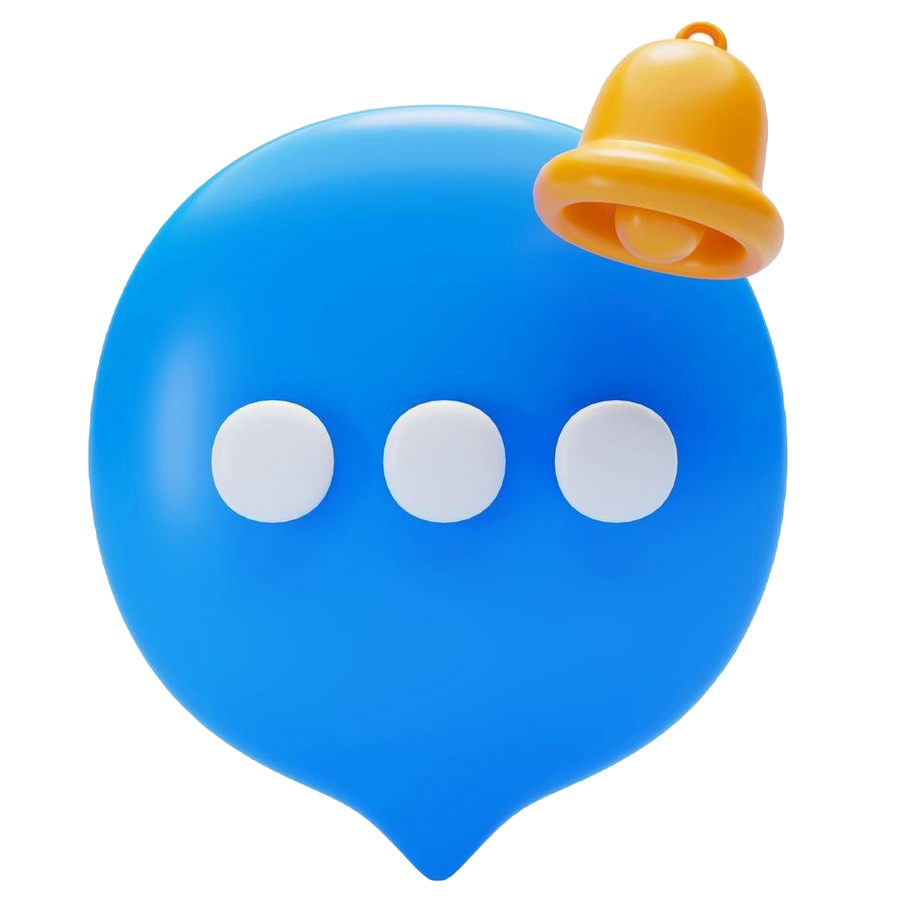 A blue speech bubble with three white dots and a bell on top of it.