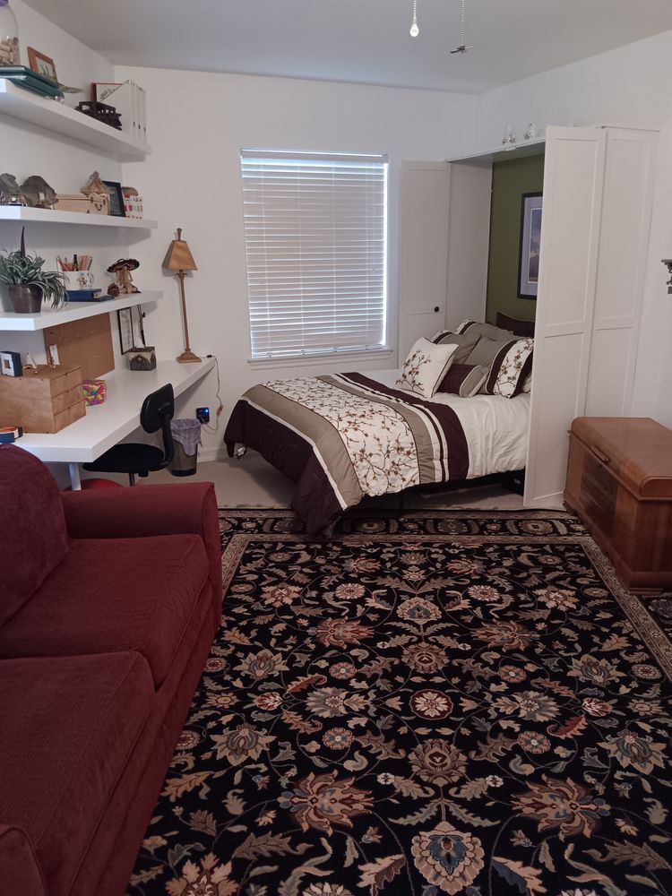 A bedroom with a bed a couch and a rug