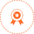 Orange award ribbon icon with a star, inside a dashed circle.
