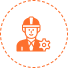 Orange icon of a person wearing a hard hat, next to a gear symbol.