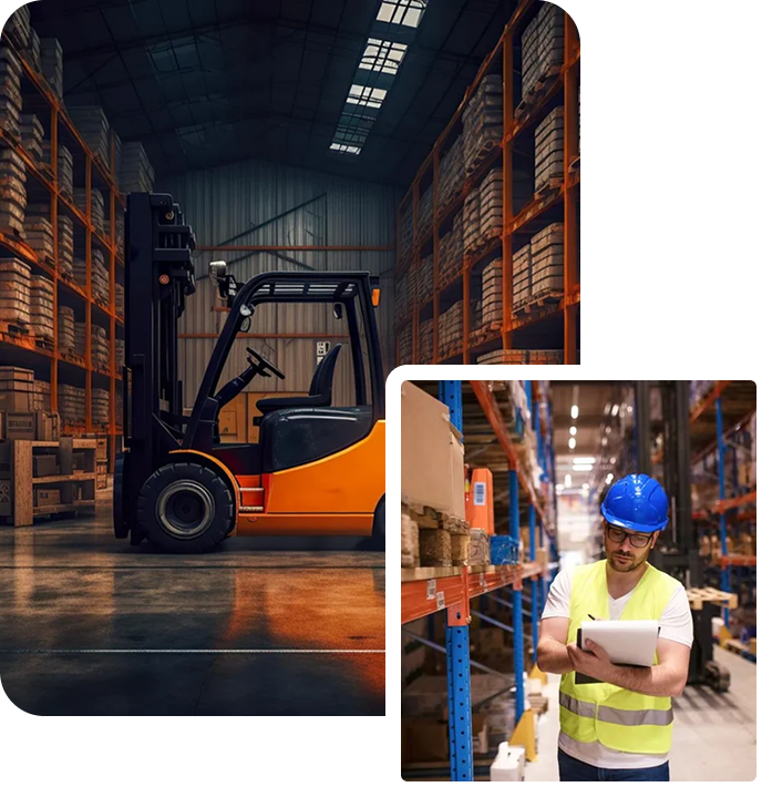 Forklift in warehouse. Worker in safety vest and hardhat, examining inventory.