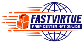 Logo for Fast Virtue, a nationwide prep center, featuring boxes, a globe, and speed lines.