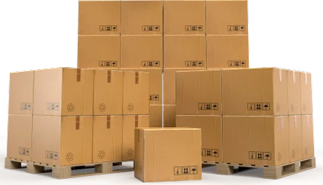 Cardboard boxes stacked on pallets, ready for shipping.