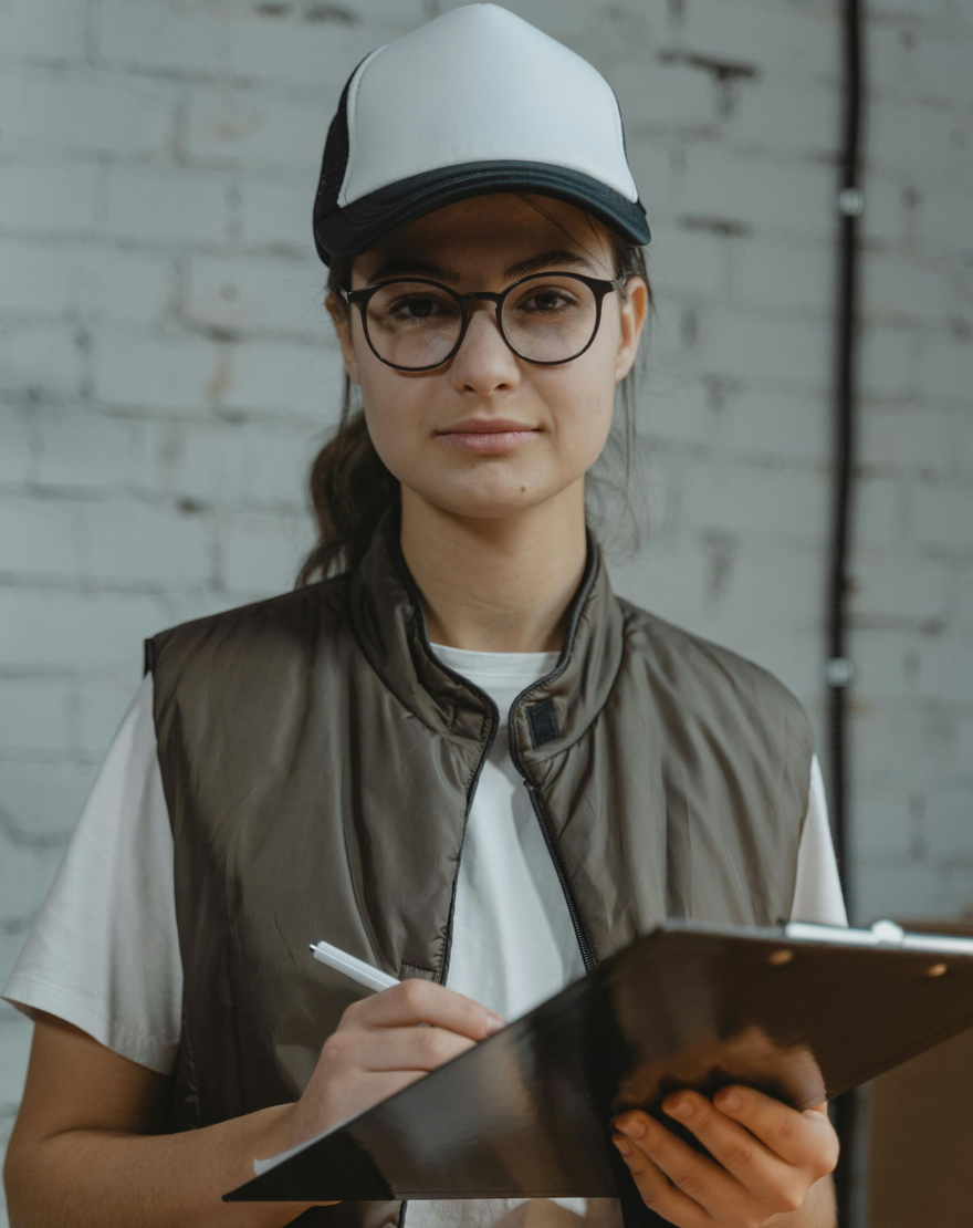Person in cap and vest writing on clipboard, standing against a brick wall.
