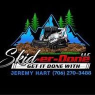 SkidPro LLC logo with off-road buggy, blue mountains, green trees, and “Get It Done With” and phone number