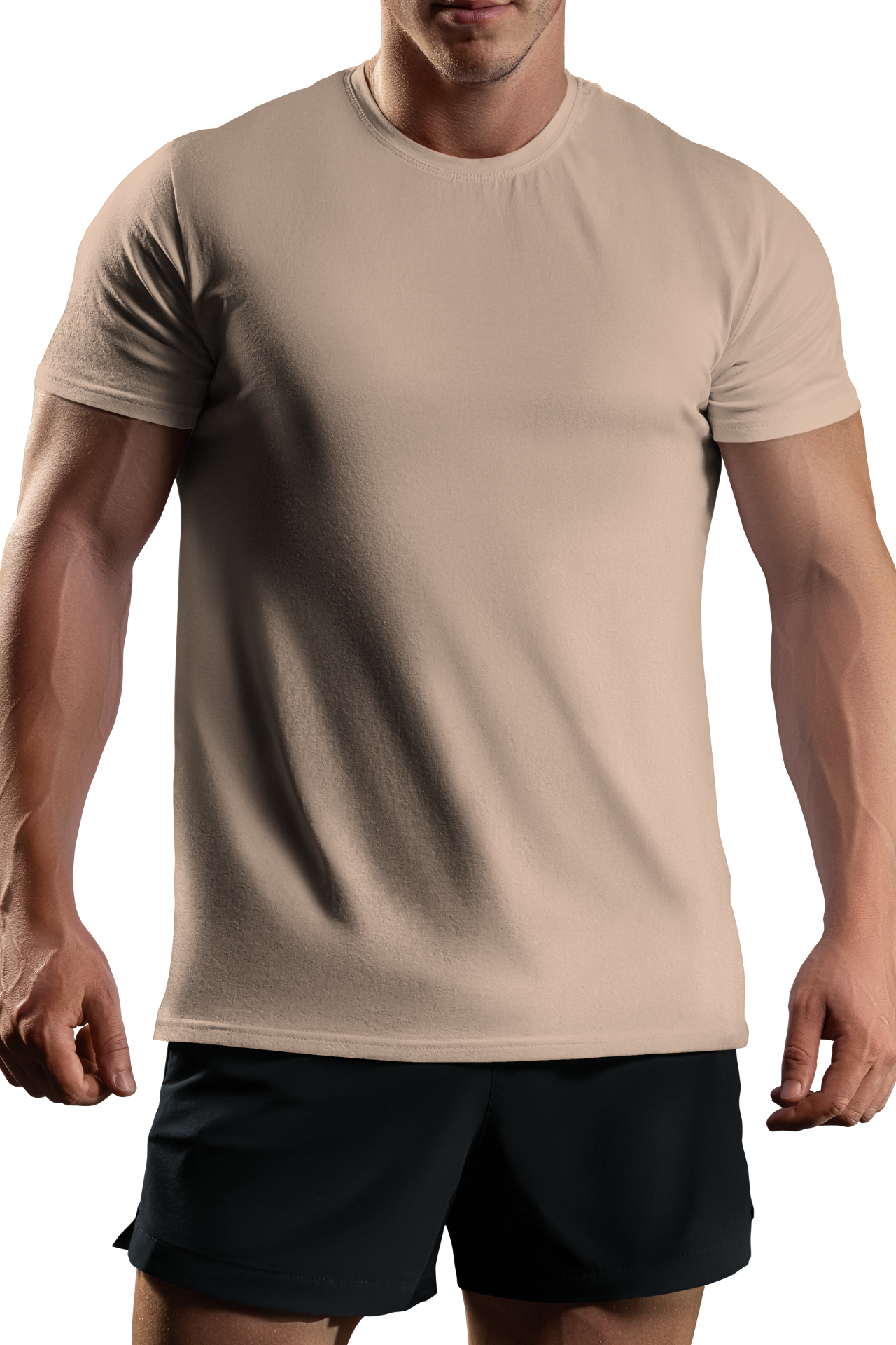 A man wearing a tan t-shirt and black shorts