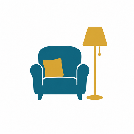 Fully furnished cottage rental with cozy chair and lamp