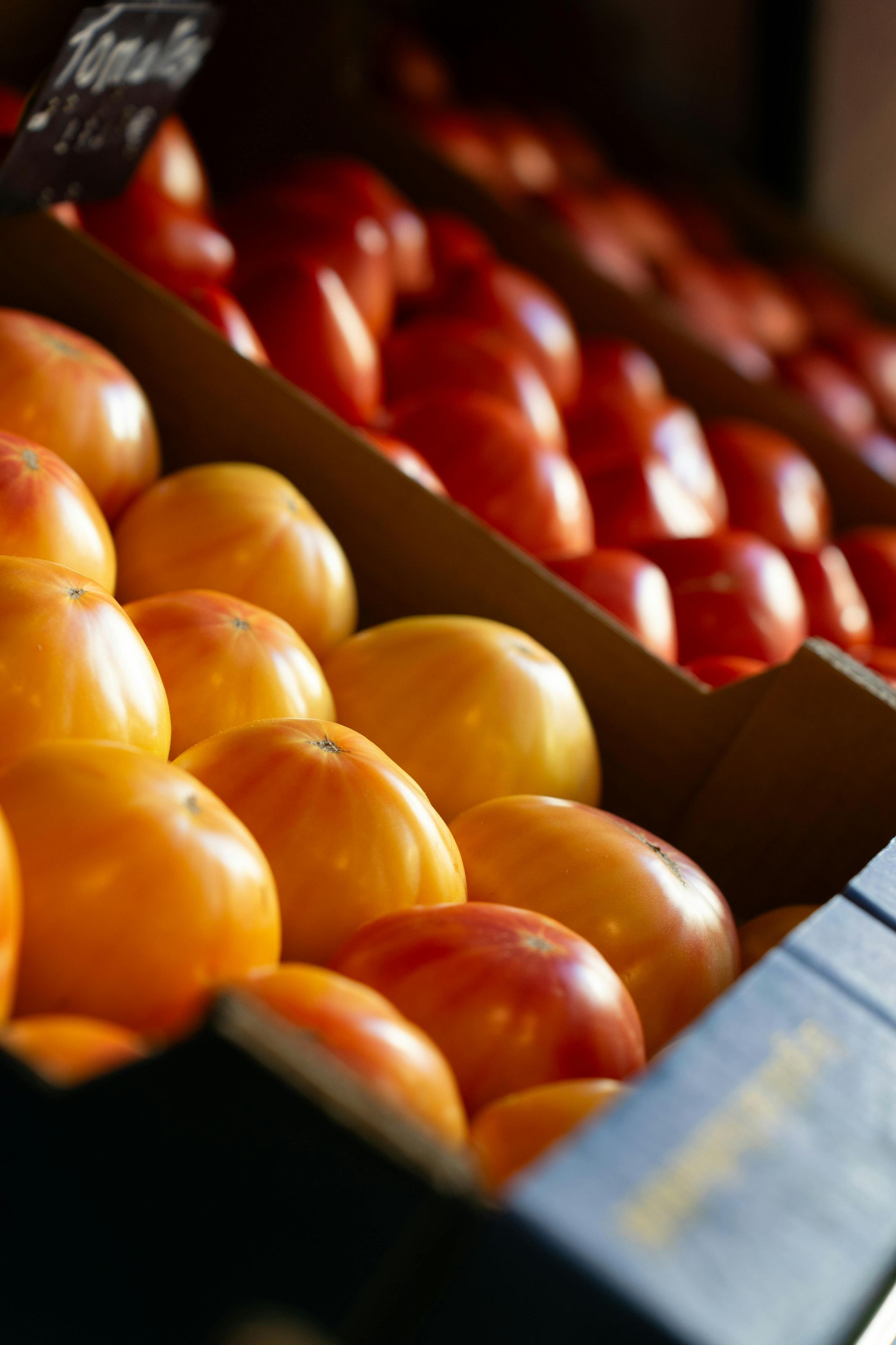 Rows of red and yellow apples arranged in cardboard trays at a market stand