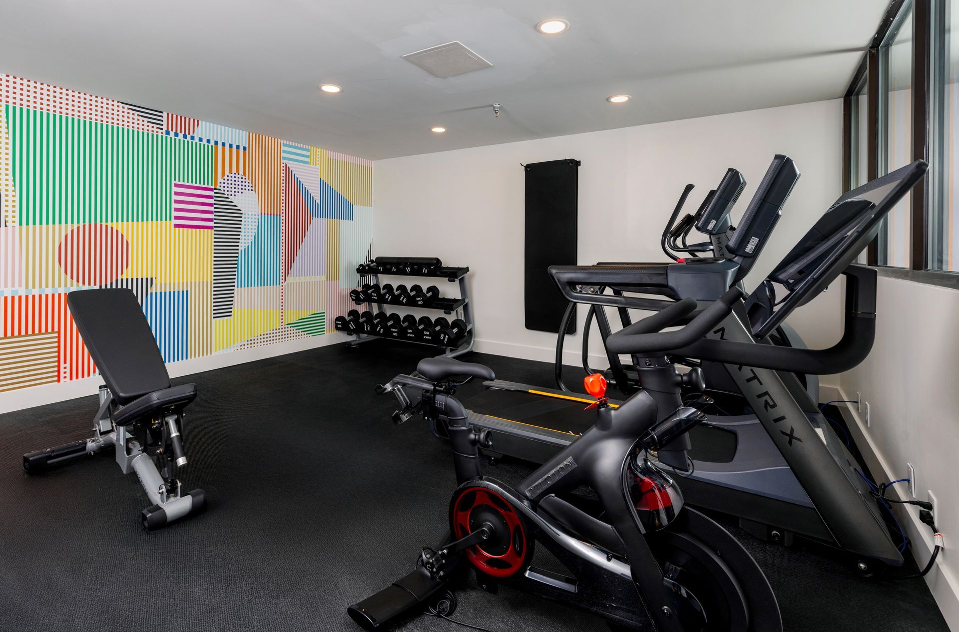 A gym with a treadmill , exercise bike , and dumbbells.