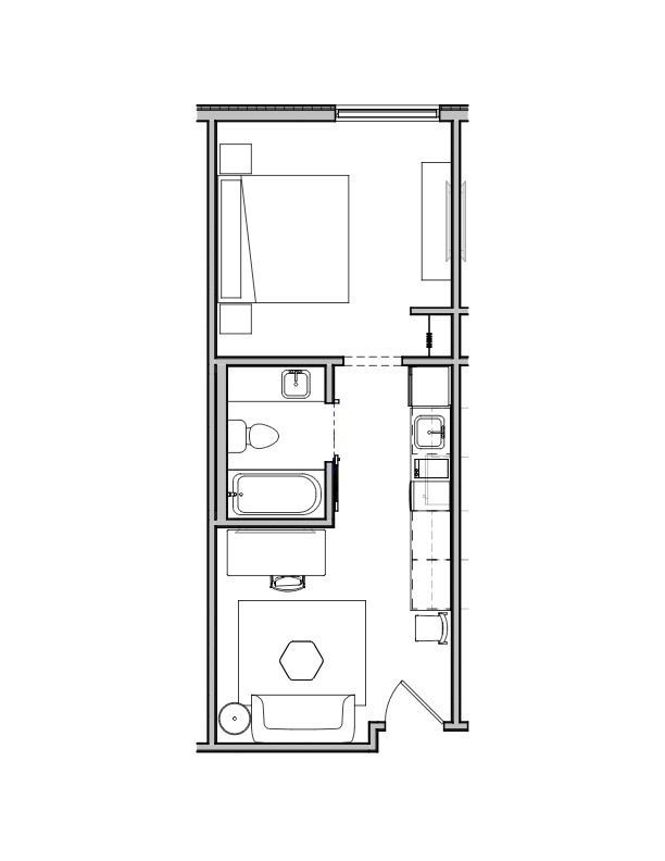 A black and white floor plan of a small apartment.