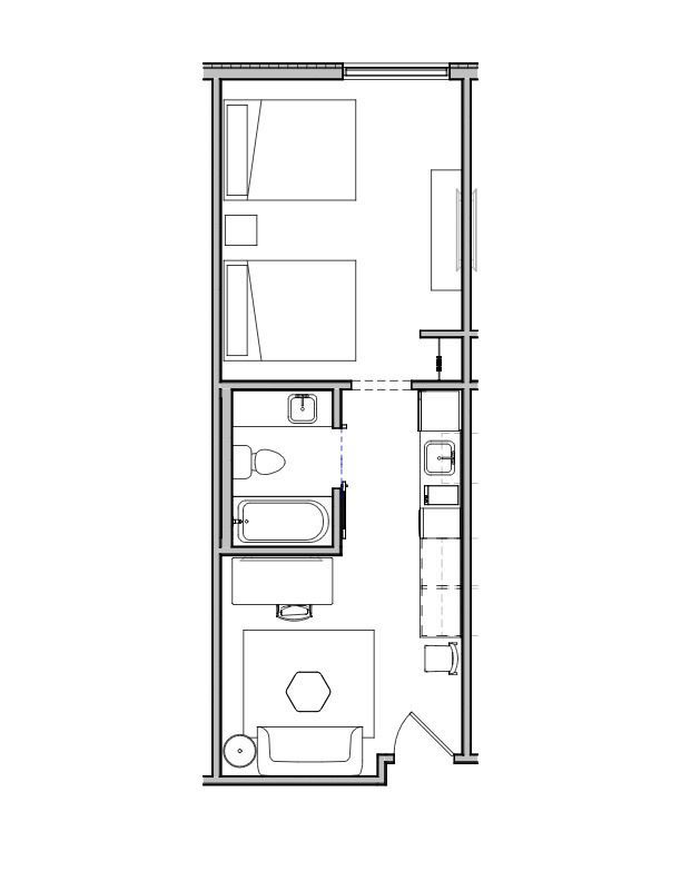A black and white floor plan of a small apartment.