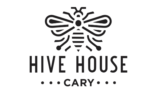 A black and white logo for hive house cary with a bee on it.