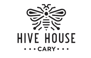 A black and white logo for hive house cary with a bee on it.