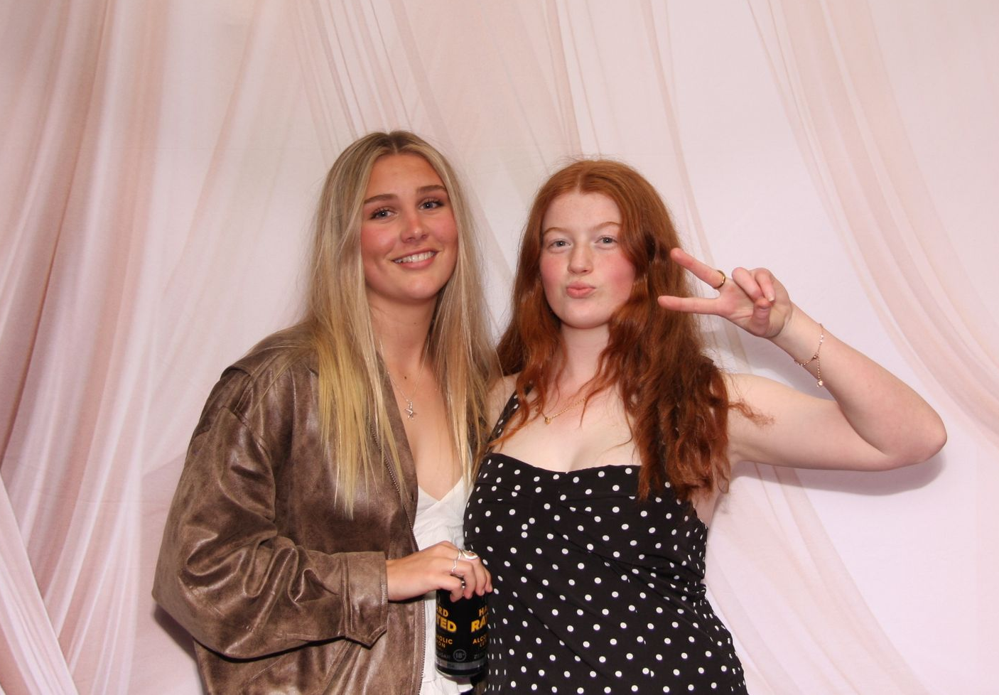 Photo booth collage: People wearing props, making funny faces at a party with colorful bokeh.