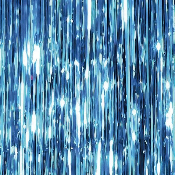 Blue tinsel curtain, metallic and shimmering with light.