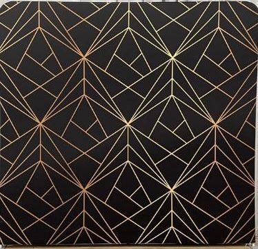 Black geometric pattern with gold lines on a square.