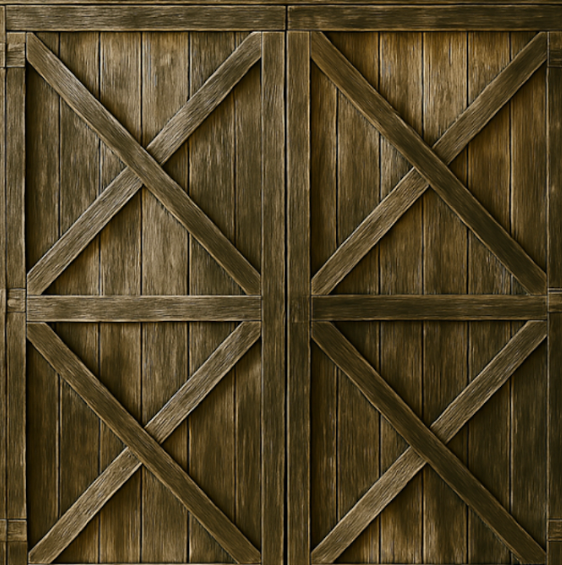 Rustic wooden double doors with an X-shaped brace design.