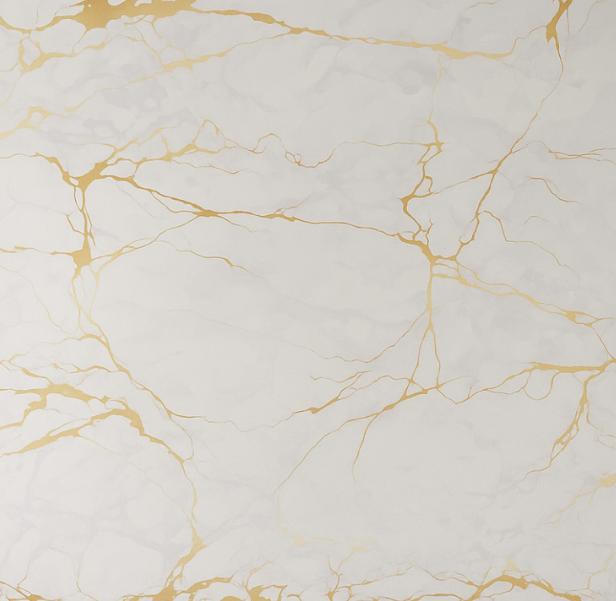 White surface with gold veining resembling marble.