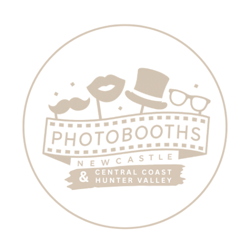 Logo for Photo Booths Newcastle with props like a mustache, lips, hat, and glasses.