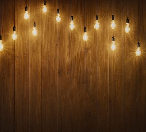 Wooden wall with hanging string lights, glowing amber.