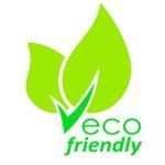 A green eco friendly logo with two green leaves and a green check mark.