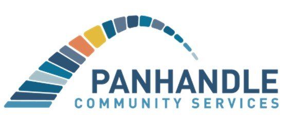 A logo for panhandle community services with a rainbow in the middle