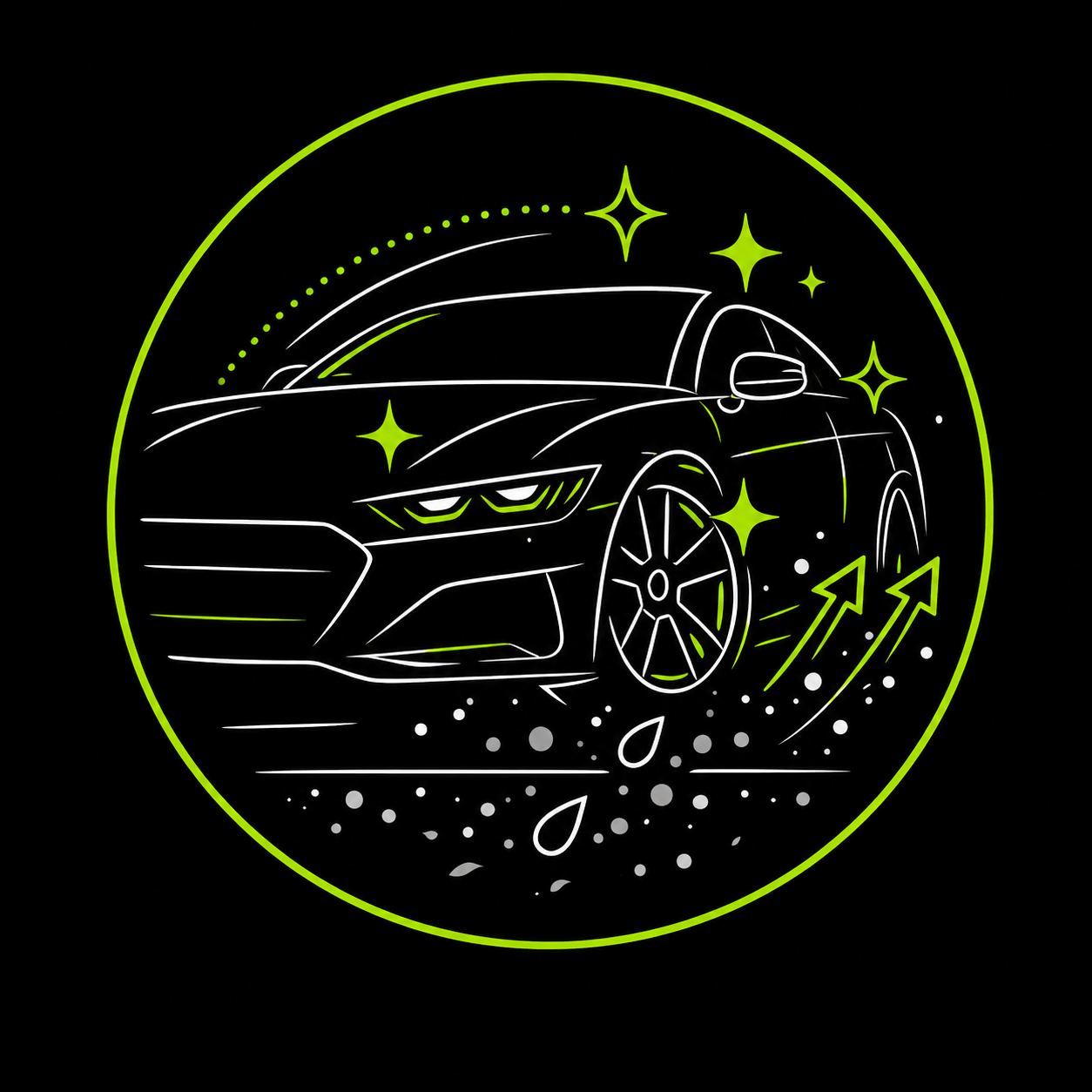 Neon green line-art sports car in a circular logo with sparkles and arrows on a black background