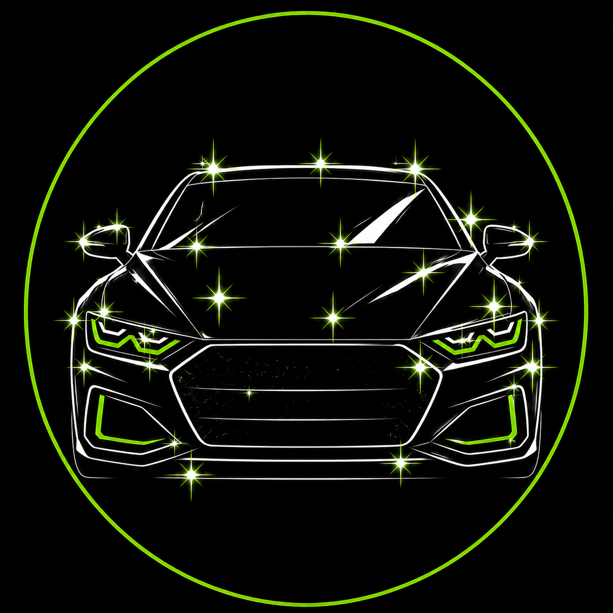 Neon green outline of a sports car inside a glowing green circle on a black background