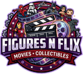 Logo for Figures N Flix featuring characters from movies like Marvel and DC above a film slate, reel, and text.